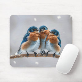 Tre Bluebirds på en snöig Gren Musmatta