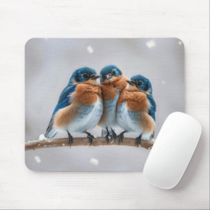 Tre Bluebirds på en snöig Gren Musmatta