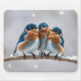 Tre Bluebirds på en snöig Gren Musmatta