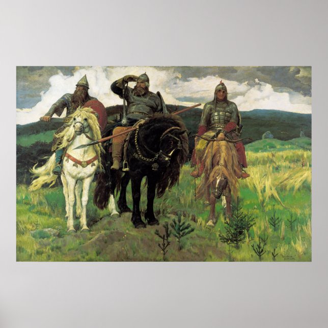 Tre Bogatyrs (1898) av Viktor Vasnetsov Print Poster (Framsidan)
