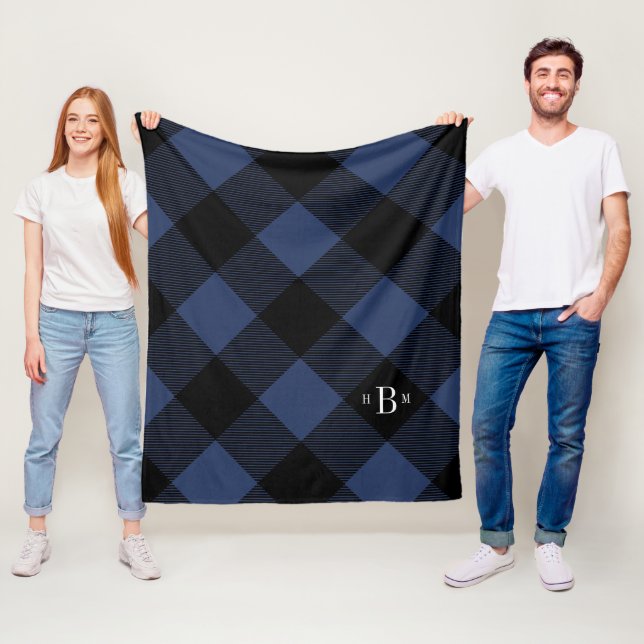 Tre Brev-monogramblå Buffalo-kontroll Fleecefilt (På plats)