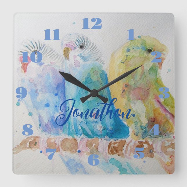 Tre Budgies Budgie Budgerigar Boys Room Clock Fyrkantig Klocka (Framsida)