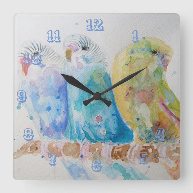 Tre Budgies Budgie Budgerigar Room Clock Fyrkantig Klocka (Framsida)