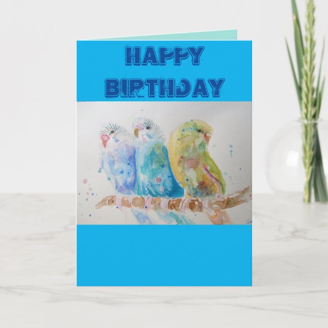Tre Budgies Sitta Blue Budgie Watercolor Card Kort (Framsida)