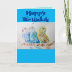 Tre Budgies Sitta Blue Budgie Watercolor Card Kort