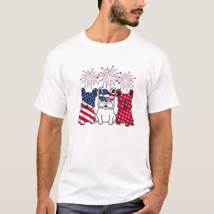 Tre Bulldog American Flagga Fireworks 4:e juli T Shirt
