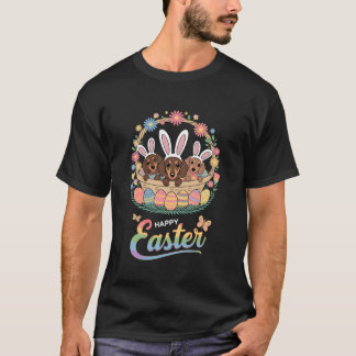 Tre Bunny Dachshund Hundar i Påskägg Basket T Shirt