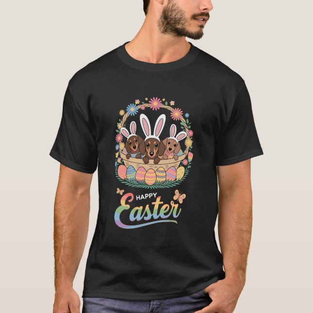 Tre Bunny Dachshund Hundar i Påskägg Basket T Shirt (Framsida)