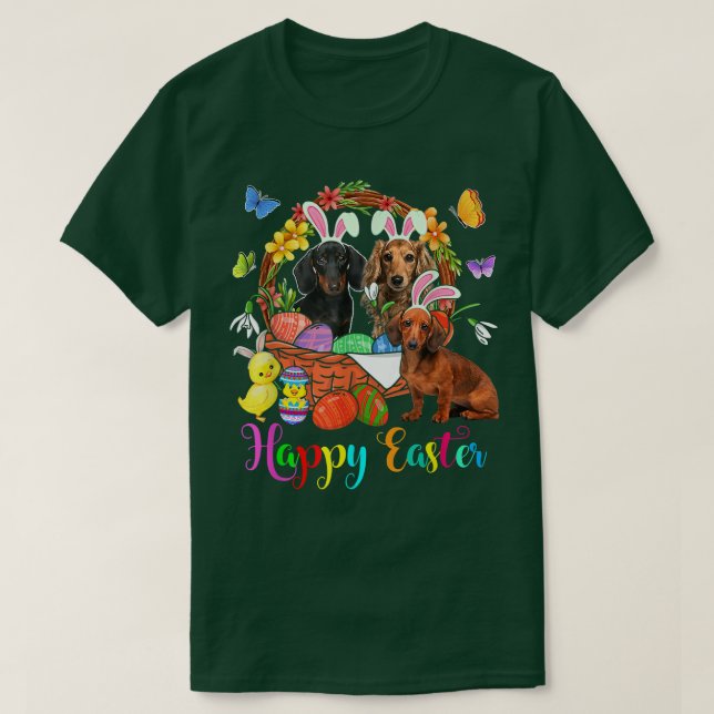 Tre Bunny Dachshund Hundar i Påskägg Basket T Shirt (Design framsida)