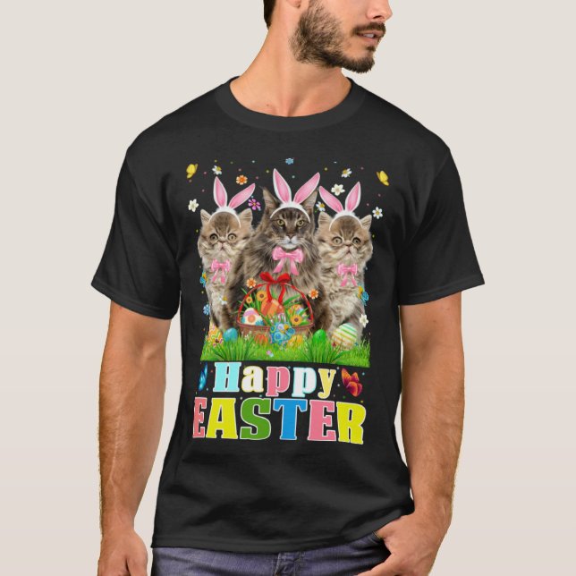 Tre Bunny Persian Katter & Påskäggskorg Påsk T Shirt (Framsida)