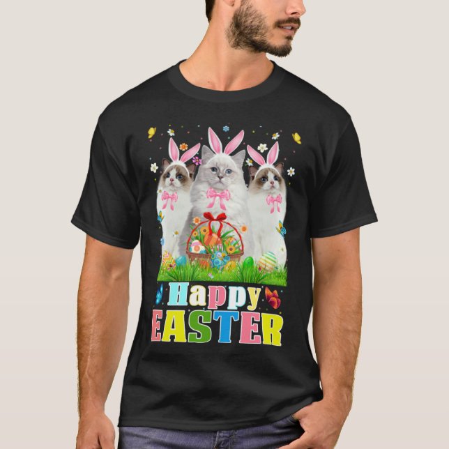 Tre Bunny Ragdoll Katter & Påskäggskorg Påsk T Shirt (Framsida)