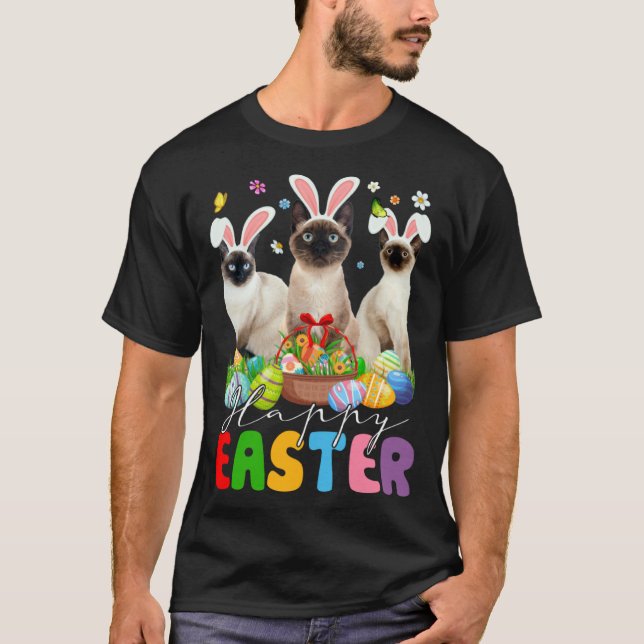 Tre Bunny Siamese katter & påskäggs korg påsk T Shirt (Framsida)