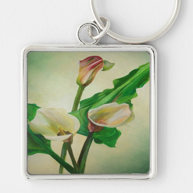 Tre Calla Lilies Stunning Botanical Acrylic Fyrkantig Silverfärgad Nyckelring (Framsidan)