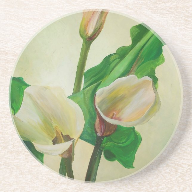 Tre Calla Lilies Stunning Botanical Acrylic Underlägg Sandsten (Framsidan)