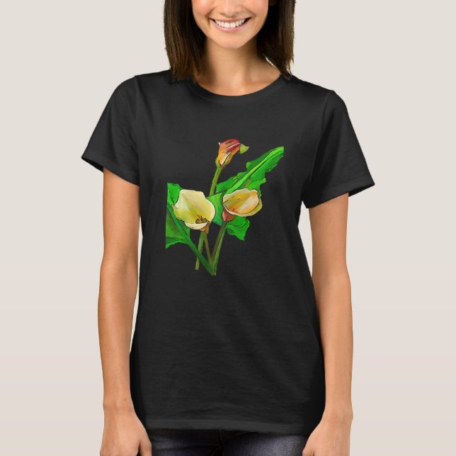 Tre Calla Lilior Svart Kontur T Shirt (Framsida)