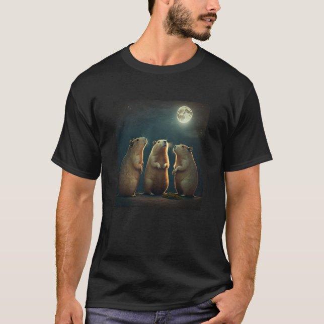 Tre Capybaras Howling vid Måne T Shirt (Framsida)