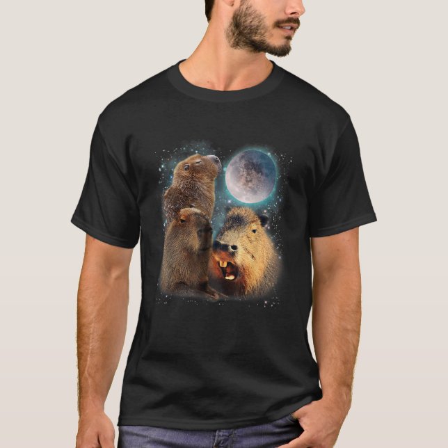 Tre Capybaras och Måne Funny Capybara Humor Paro T Shirt (Framsida)
