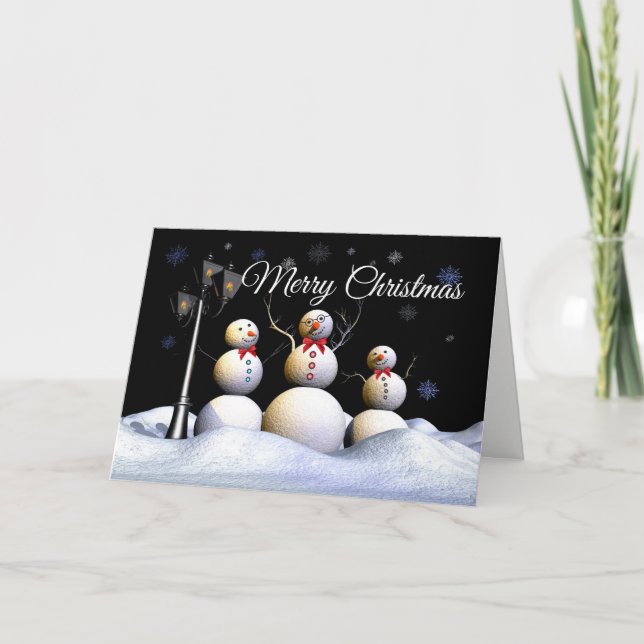 Tre Cheery Snö Figurer i ett vinterunderland Helgkort (Framsida)