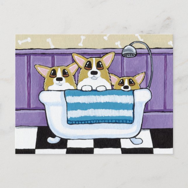 Tre Corgis i Bathtub Vykort (Framsida)