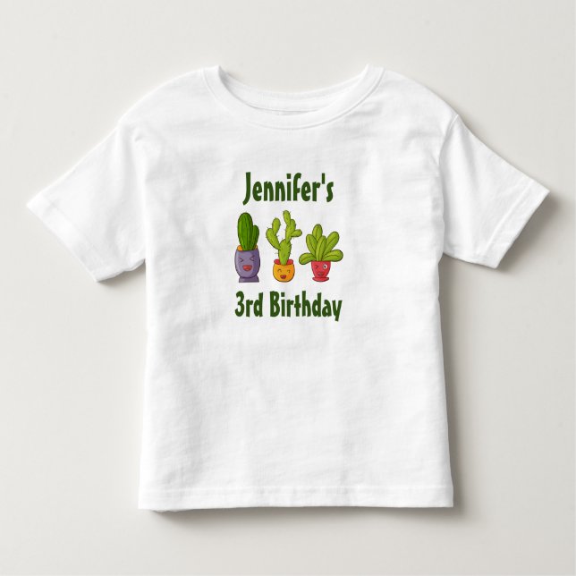 Tre Cute Cactus in Flower Pots Roligt Birthday T Shirt (Framsida)