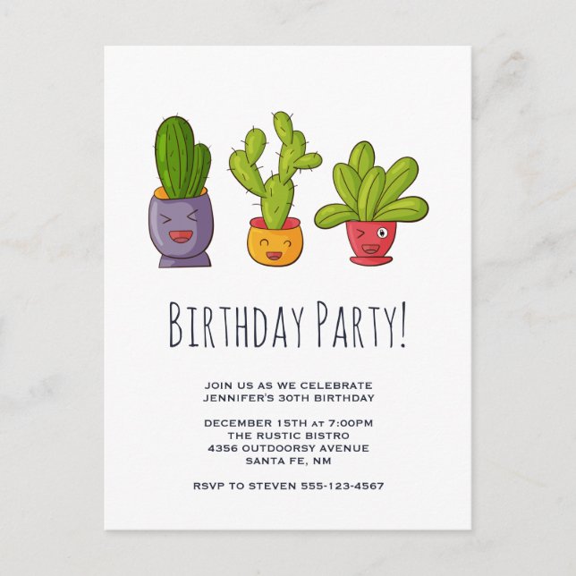 Tre Cute Cactus in Flower Pots Roligt Illustration Inbjudan Vykort (Framsida)