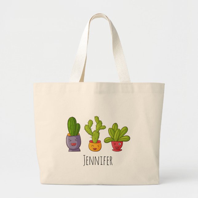 Tre Cute Cactus in Flower Pots Roligt Illustration Jumbo Tygkasse (Framsidan)