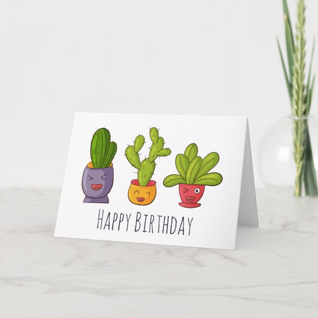 Tre Cute Cactus in Flower Pots Roligt Illustration Kort (Framsida)