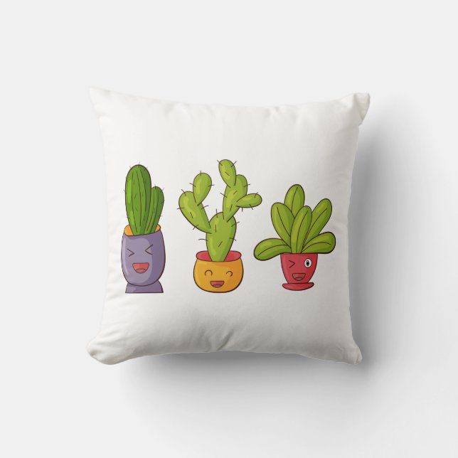 Tre Cute Cactus in Flower Pots Roligt Illustration Kudde (Framsida)
