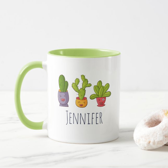 Tre Cute Cactus in Flower Pots Roligt Illustration Mugg (Med munk)