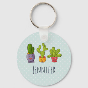 Tre Cute Cactus in Flower Pots Roligt Illustration Nyckelring