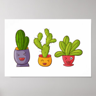 Tre Cute Cactus in Flower Pots Roligt Illustration Poster