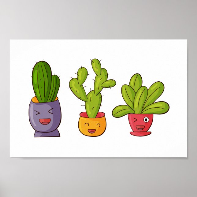 Tre Cute Cactus in Flower Pots Roligt Illustration Poster (Framsidan)