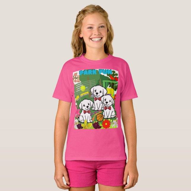 Tre Cute Funny White Puppies in Park T Shirt (Hel framsida)