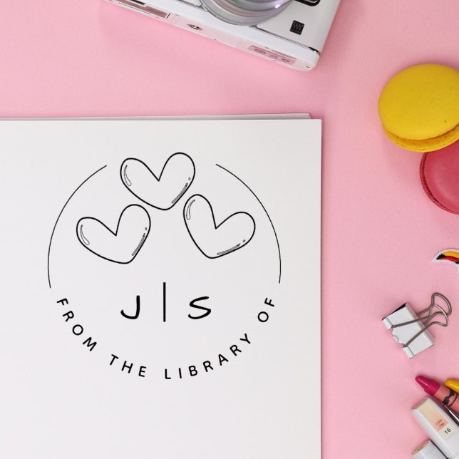 Tre Cute Hearts Anpassningsbar Initialer Bibliotek Stämpel (Skapare uppladdad)