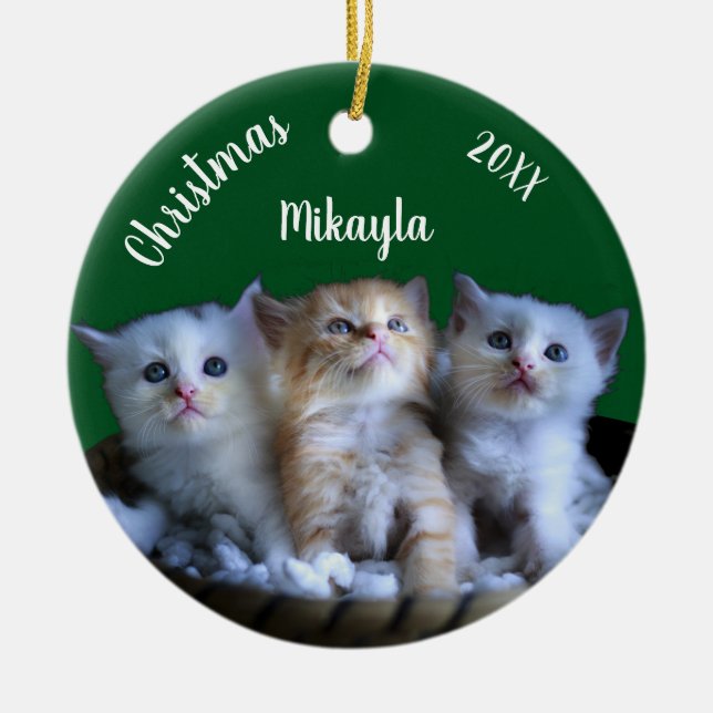 Tre Cute Kittens jul Ceramic Ornamic Julgransprydnad Keramik (Framsidan)