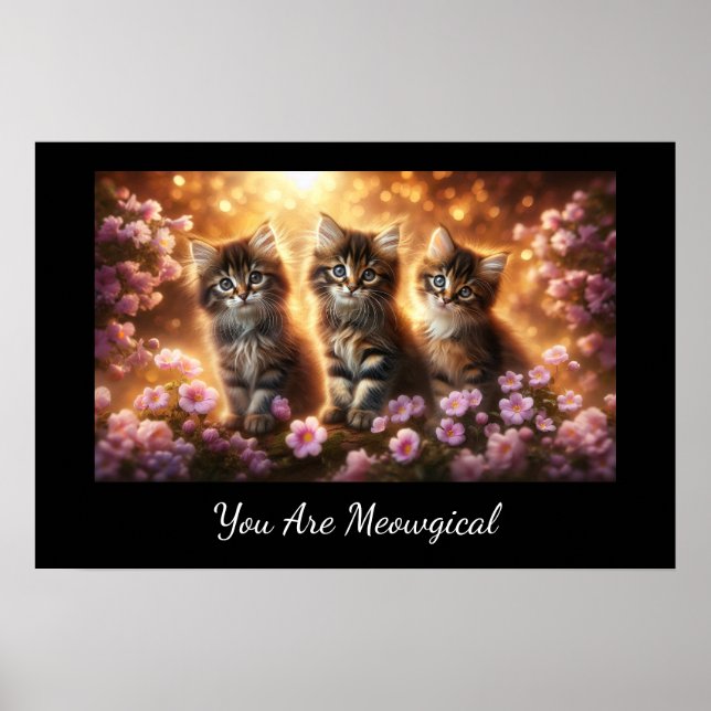 Tre Cute Kittens med Rosa Flowers Poster (Framsidan)