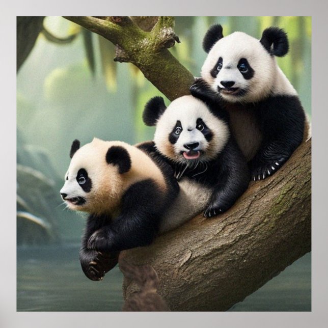 Tre Cute Little Pandas som pockar för kameran Poster (Framsidan)