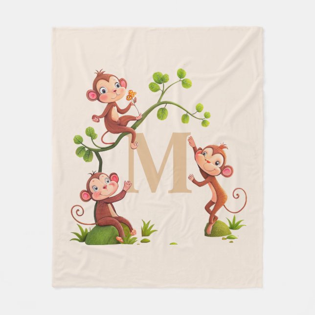 Tre Cute Monkey och Golden Monogram på Elfenbensku Fleecefilt (Framsidan)