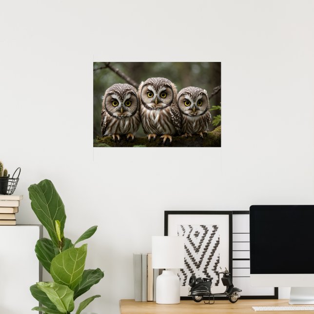Tre Cute Northern Saw-whet Owlets Poster (Hemmakontoret)