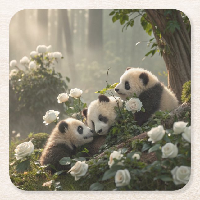 Tre Cute Pandas Underlägg Papper Kvadrat (Framsidan)