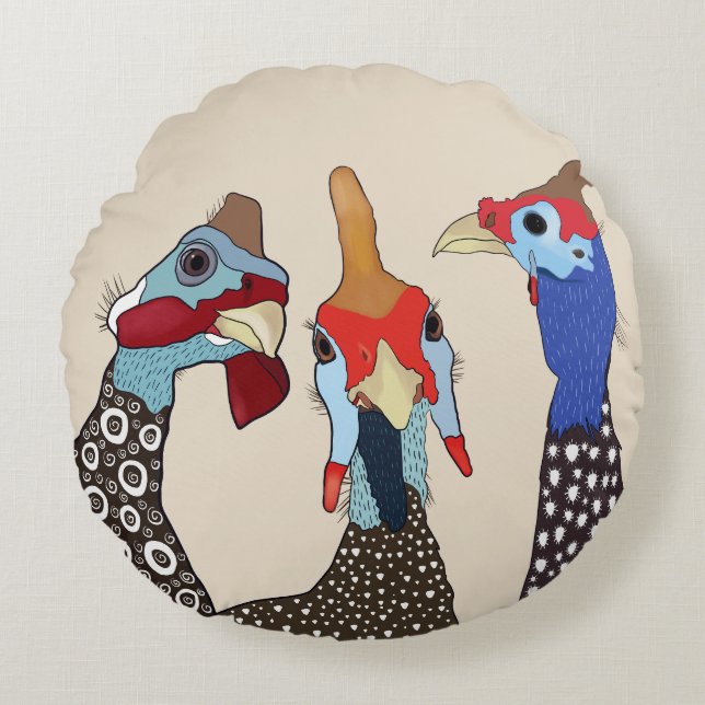 Tre Cute Patternated Guinea Fowl Birds Rund Kudde (Framsidan)