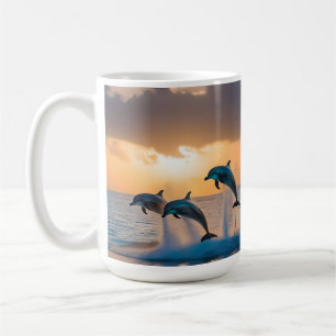 Tre delfiner vid solnedgången. kaffemugg