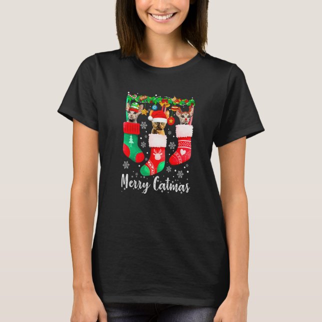 Tre Devon Rex Katt I Strumpa  Katt God Jul T Shirt (Framsida)