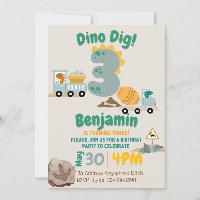 Tre Dino Gräv Dinosaurie Konstruktion 3-årsdag Inbjudningar (Framsida)
