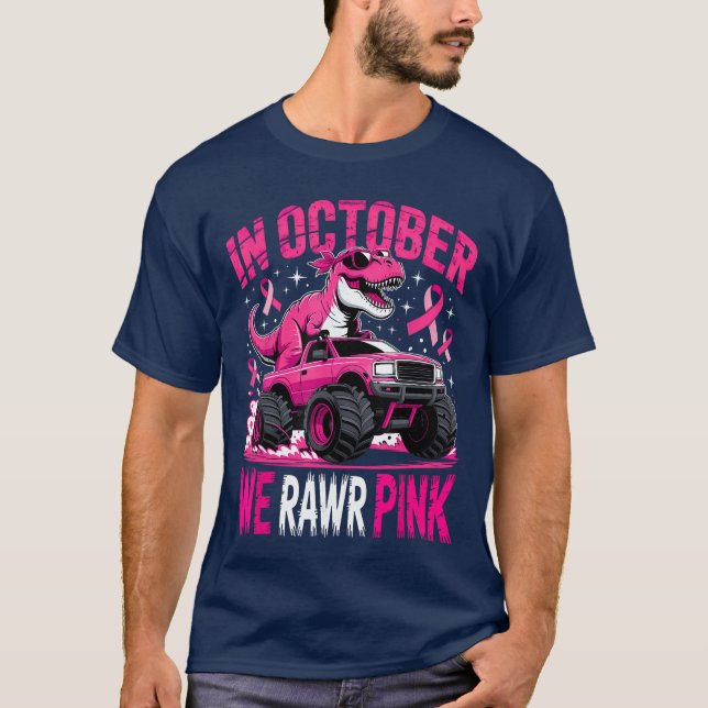 Tre Dino in October We Wear Pink Breast Cancer Awa T Shirt (Framsida)