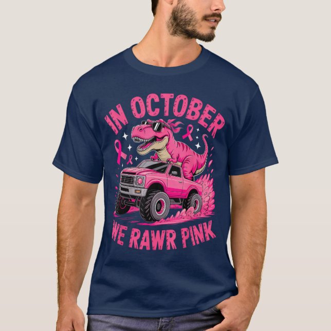 Tre Dino in October We Wear Pink Breast Cancer Awa T Shirt (Framsida)