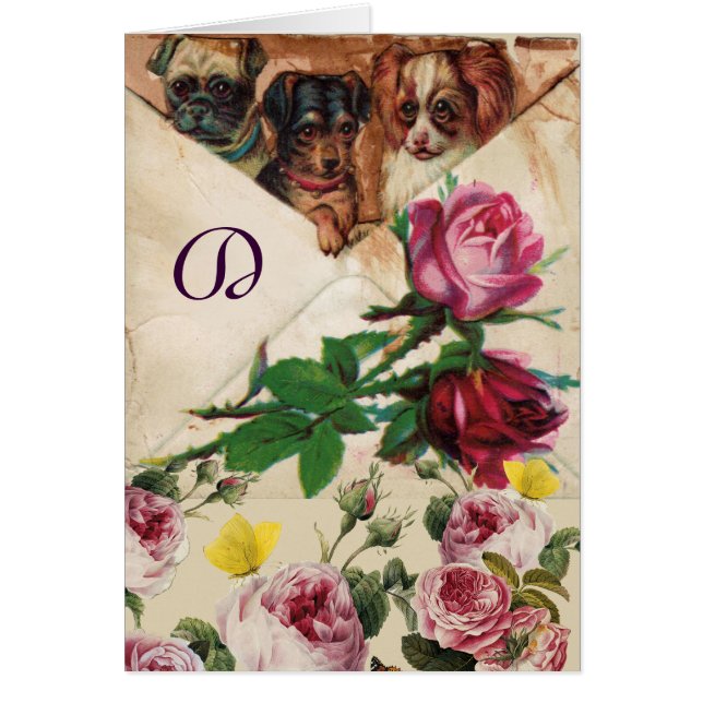 TRE DOGGIER, RO OCH BUTTERFLIES MONOGRAM HÄLSNINGSKORT (Framsidan)