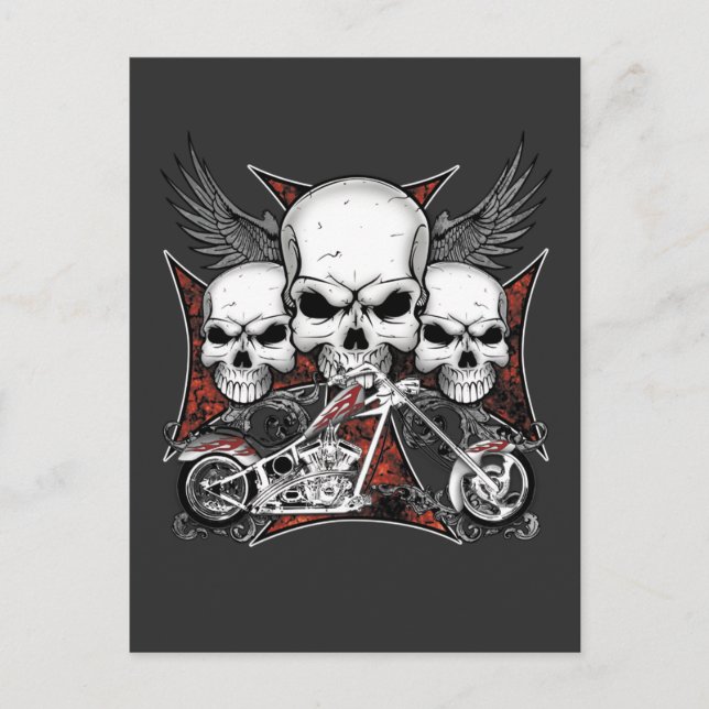 Tre Döskallar med Red Chopper-motorcykel Inbjudan Vykort (Framsida)