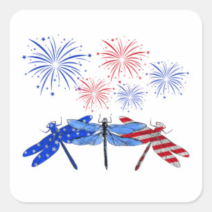 Tre Dragonfly American Flagga Shirt 4 juli Fyrkantigt Klistermärke