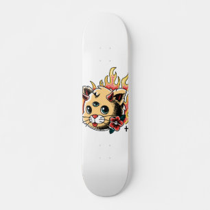 Tre Eyed Cat Cute Kitten Flames Tattoo Stil Mini Skateboard Bräda 18,5 Cm